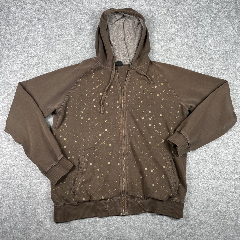 Hurley Hoodie Mens Large Brown Full Zip All Over Print Skate Surf Y2K